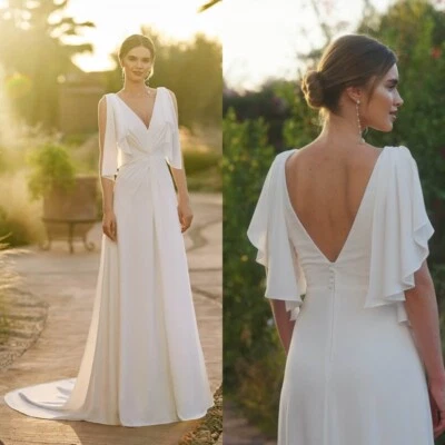 Boho Brautkleid Hochzeitskleid V-Ausschnitt Column Weiß Ivory 38 40 42 44 - Bild 1 von 4