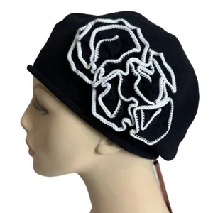 Parkhurst Cloche Cap Hat Black/White Flower 100% Cotton Made In Canada Packable - Picture 1 of 5