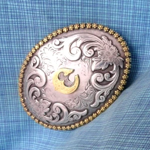 C Belt Buckle Western Initial Monogram Filigree Floral Scroll Vtg Nocona .NOX564 - Picture 1 of 9