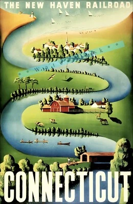 Arte de viaje estilo retro impresión póster vintage de ferrocarril New Haven Connecticut 1942 Foto 1 de 4