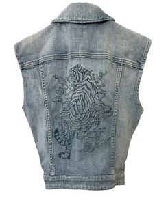 Vtg Guess Distressed Light Wash Denim Vest w/ Embroidered Tiger Back Design XS - Picture 1 of 9