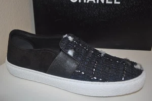 CHANEL 16B Black Blue Silver Tweed Suede CC Logo Slip On Sneakers Flat Shoe 35.5 - Picture 1 of 10