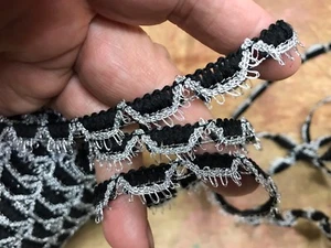 vintage silver 1950s black lace trim 3/8" scallop crochet 1yd USA - Picture 1 of 4