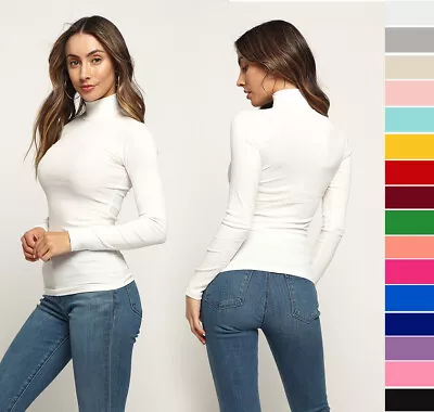 Women's Basic Turtleneck Top Soft Stretch Ribbed Knit Cotton Long Sleeve Shirt - Image 1 of 4