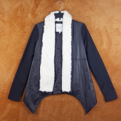 JACK Jacket Womens Small Black Faux Leather Open Draped Sherpa Collar BB DAKOTA - Image 1 of 4