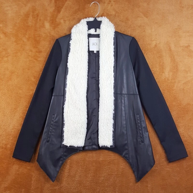 JACK Jacket Womens Small Black Faux Leather Open Draped Sherpa Collar BB DAKOTA - Image 1 of 4