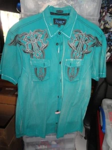 Roar türkisfarbenes charakteristisches kurzärmliges geknöpftes Hemd Größe Large - Bild 1 von 12