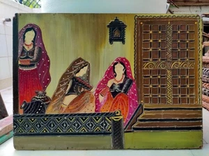 Antique Indian Lady Talking Old Fine Door Frame Beautiful Painting Big Painting - Picture 1 of 6