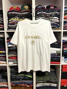 Vintage 90s Embroidered Gold Logo Chanel Boot T-Shirt Size L White - Picture 1 of 11