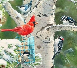 Birds & Tree 36" Panel by David Textiles, WW-3197-OC, Cardinal, Woodpecker - Picture 1 of 1