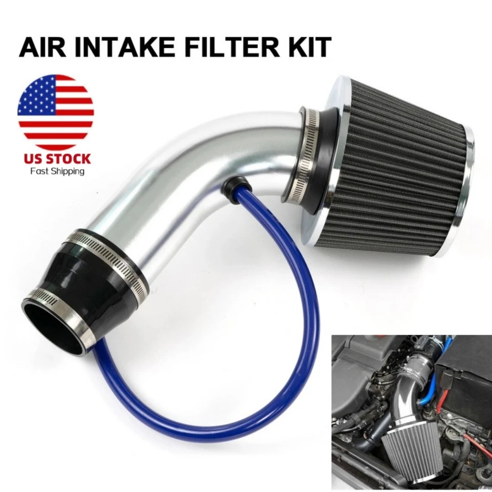 Kit de inducción de filtro de admisión de aire frío para automóvil de 76 mm Sistema de manguera de flujo de alimentación de tubería plateado Foto 1 de 4