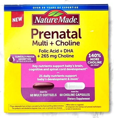 Cápsulas blandas y cápsulas Nature Made prenatal Multi + colina 120ct (CAD 10/2025) Foto 1 de 2