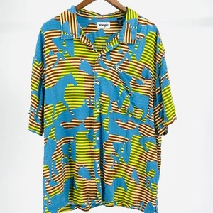 Vintage Y2K Wrangler Western Yellow Blue Striped Horse Print Short Sleeve Shirt - Picture 1 of 7