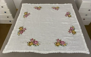 Vintage Hand Embroidered Cross Stitch Floral Roses Linen Square Tablecloth 125cm - Picture 1 of 15