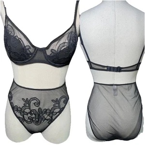 Vintage 99 Victorias Secret Panty BH Set Sheer Mesh Paisley Slip Schwarz L XL 36B - Bild 1 von 11