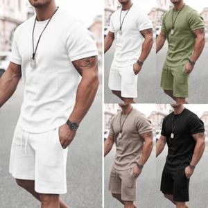 Men's Crew Neck Short Sleeve T-Shirt Tops Shorts Set Jogger Gym Sport Tracksuit - Imagen 1 de 15