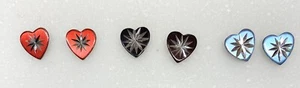 3 pair Heart Shape Post Earrings-Red ,Brown , Denim Blue with etched starburst - Picture 1 of 5