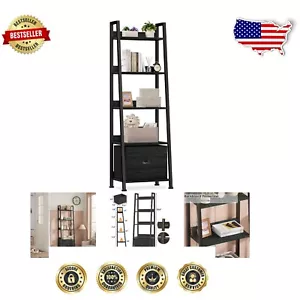 Durable Black Oak Ladder Shelf with Removable Drawer - Ideal 5-Tier Storage Rack - Picture 1 of 10