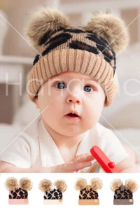 C.C Baby Infant Winter Warm Leopard Beanie Hat with Double Pom Pom - Picture 1 of 12