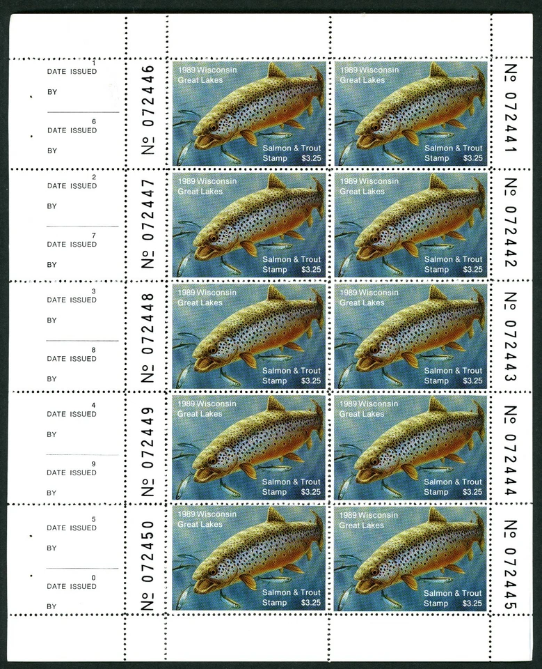 WISCONSIN 1989 STATE SALMON &TROUT STAMP FULL NH PANE OF 10 by Greg Alexander - Image 1 of 1