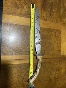 Unmarked Handmade Curved Antler Handle 13” Fixed Blade Bowie Knife - Picture 1 of 18