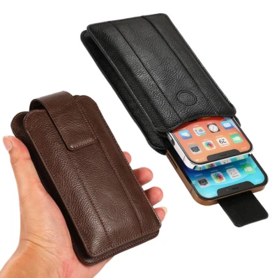 Capa telefone dupla de couro luxo masculina com laços coldre clipe bolsa cinto para telefones - Imagem 1 de 4