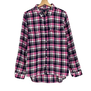 GAP Plaid Shirt Women Pink Collared Long Sleeve Boyfriend Fit Size L - Picture 1 of 6