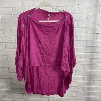 Comfy USA Button Shoulder Crinkle Hi Low Tunic Top Size M Oversized Lagenlook - Image 1 of 4