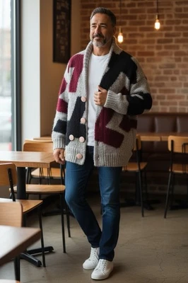 VTG Greg Adams Red Black Cross Gray Mohair Cardigan Sweater Men’s M - Image 1 of 4