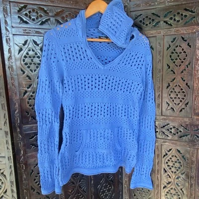 Sudadera con Capucha Atlética 100% Algodón Talla L Crochet Cuerpo Largo Suéter Tejido Abierto Bolsillo Azul Foto 1 de 4