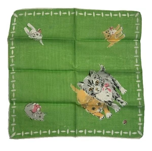 Vintage Children’s Hankie Kitty Cats Kitten Green Cotton - Picture 1 of 6