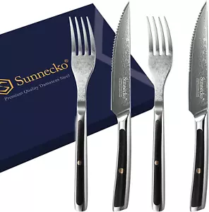 4pcs Steak Knives Set Serrated Steak Knife & Fork Set Damascus Steel Meat Slicer - Picture 1 of 11