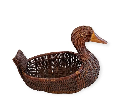 Wicker Rattan Duck Basket with Wooden Beak Vintage 1970s 1980s Cover