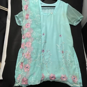 Vintage GreenBlue Dress & Sari Sheer Embroidered Pink Flowers Sequins XL India - Picture 1 of 10