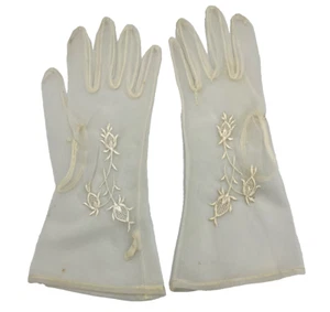 Delicate 60's Wedding Gloves Embroidery Bridal Sheer Ivory Chiffon Wrist Length - Picture 1 of 7