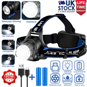 100000LM LED T6 Headlamp Rechargeable Zoom Headlight Head Torch USB Line New UK - Picture 1 of 33
