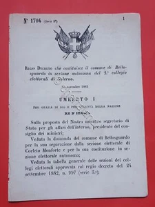 Decreto Regno Italia Costituzione comune Bellosguardo in sezione di Salerno 1883 - Foto 1 di 1