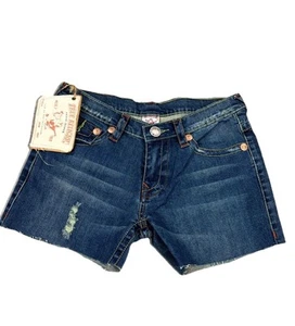 True Religion Billy Big T Cut Off Shorts Women Size 30 Blue Distressed 5-Pockets - Picture 1 of 12