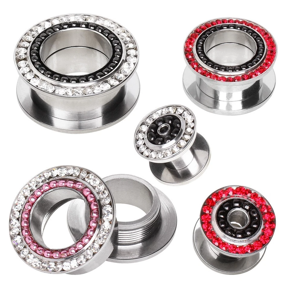 PAR de tapón para los oídos túnel carne ajuste tornillo acero quirúrgico 316L con bola enchapada PVD Foto 1 de 2