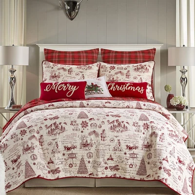 Yuletide Reversible Quilt Set - King/Cal King with Two King Shams - Red/Cream - Image 1 of 4