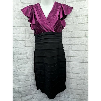 Vestido ceñido al cuerpo de cóctel de sangría púrpura satinado top negro falda con volantes Reino Unido 8 Foto 1 de 4