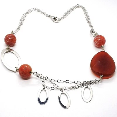 COLLANA ARGENTO 925, CORNIOLA ROSSA GOCCIA, AGATA MACULATA, OVALI PENDENTI - Immagine 1 di 4