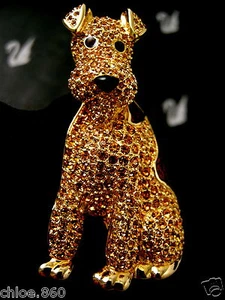 SIGNED CRYSTAL SWAROVSKI AIREDALE DOG PIN~ BROOCH 22KT GOLD PLATED RETIRED NEW - Picture 1 of 10