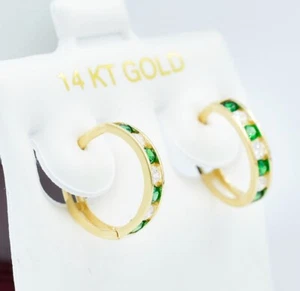 LAB CREATED EMERALD & WHITE SAPPHIRE HUGGIE EARRINGS 14K GOLD - Made in USA -NWT - Picture 1 of 3
