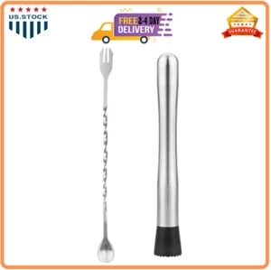 Muddler Cocktail Stainless Steel Bar Spoon Stirrer Mixing Mojitos Fruit Drinks - Picture 1 of 8