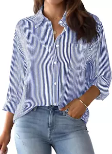 Womens Button down Shirts Striped Classic Long Sleeve Collared Office Work Blous - Picture 1 of 12