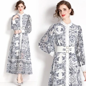 Runway Elegant Lace Dress Stand Collar, Lantern Sleeve Belted Office Party Dress - Picture 1 of 7