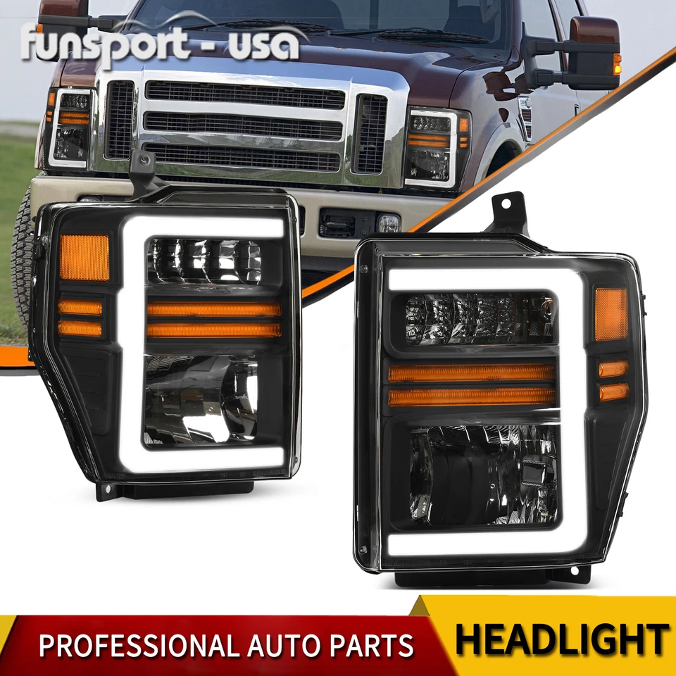 Black Headlights For 2008-2010 Ford F250 F350 F450 Super Duty w/ LED Sequential - Image 1 of 4