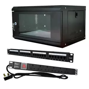 COMPLETE 6U 450MM 19" BLACK NETWORK DATA CABINET+PDU+PATCH PANEL PREBUILT READY - Picture 1 of 17