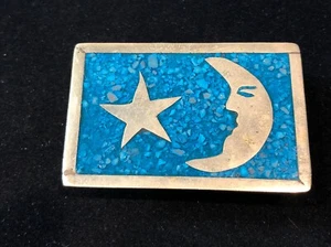 Vintage Silver Half Moon Star Turquoise Chip Inlay Belt Buckle MEXICO - Picture 1 of 4